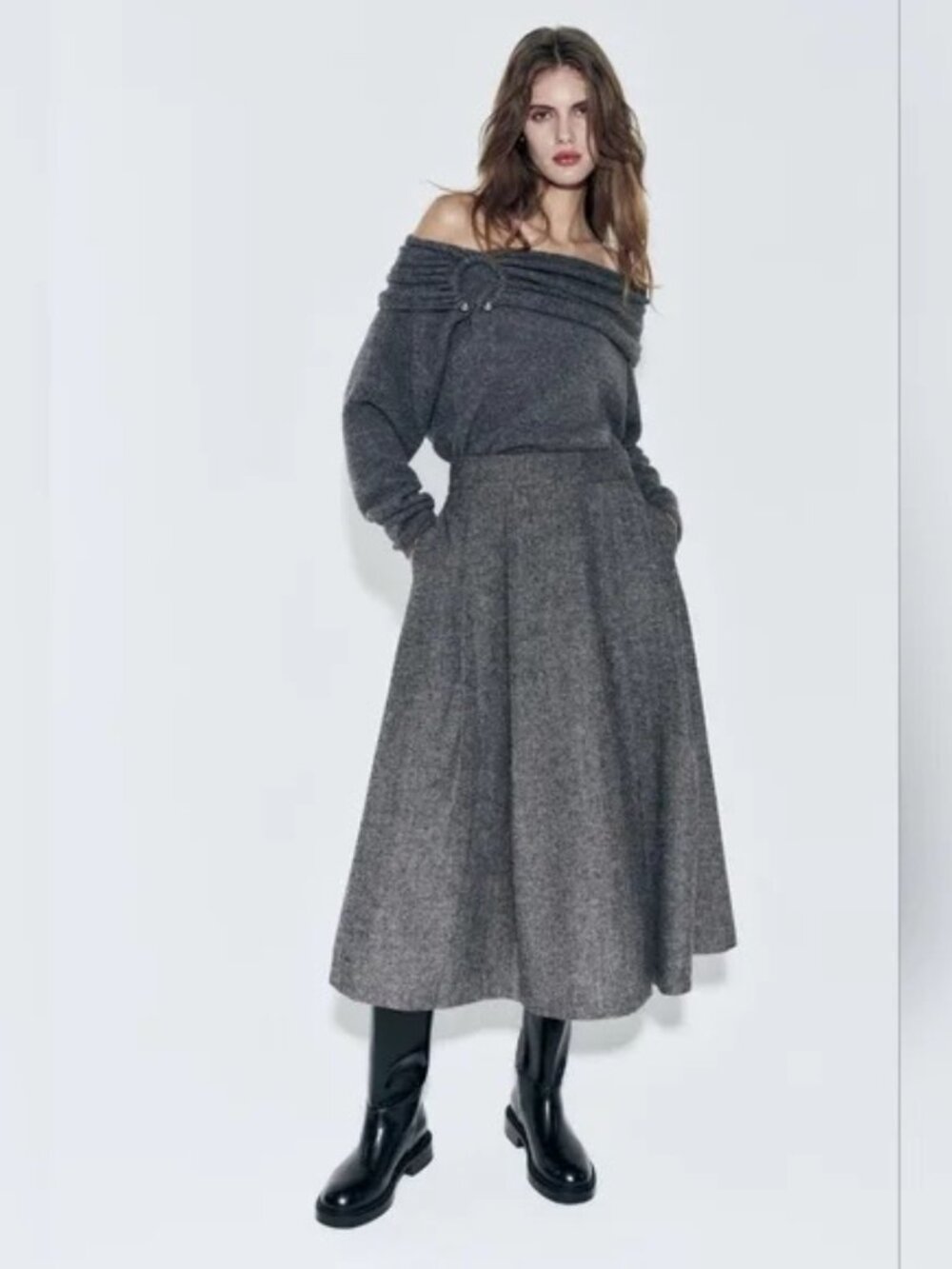 Zara Grey Midi Wool Blend Skirt